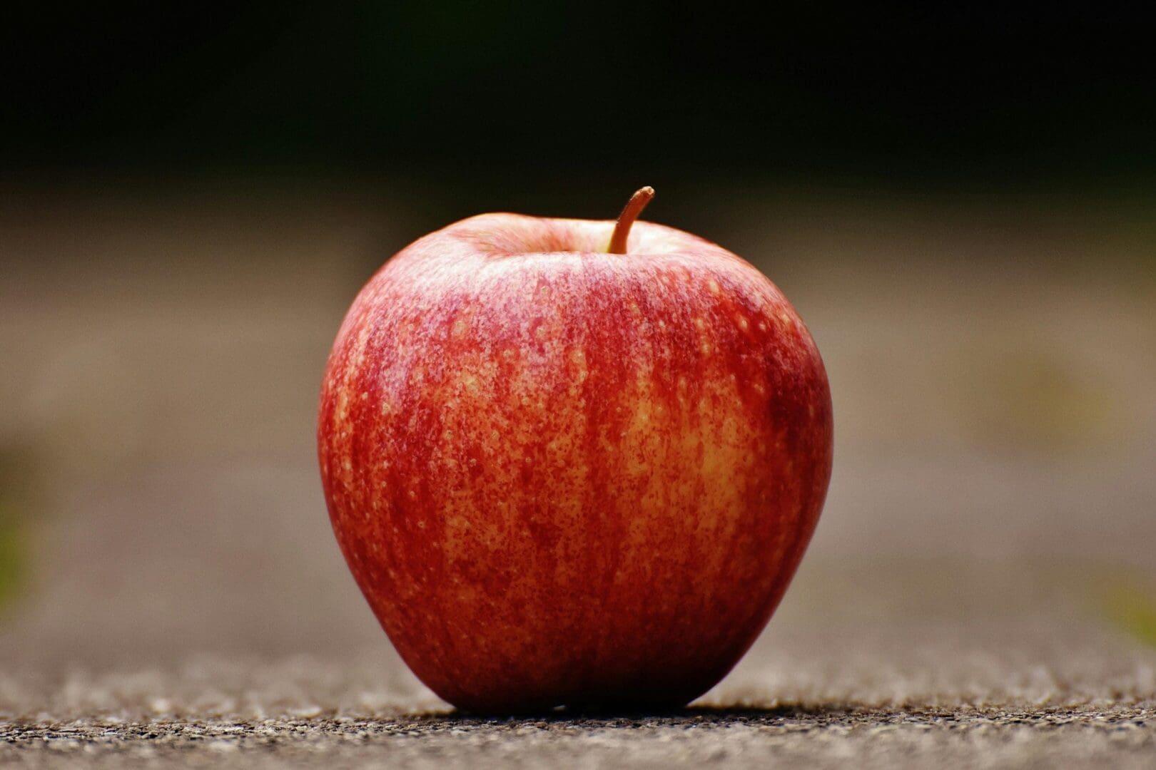 A red apple sitting on top of the ground.