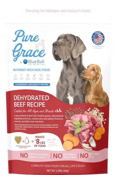 Dehydrated beef dog food with two dogs.