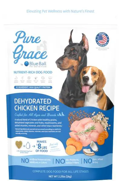 Dehydrated chicken dog food bag with two dogs.